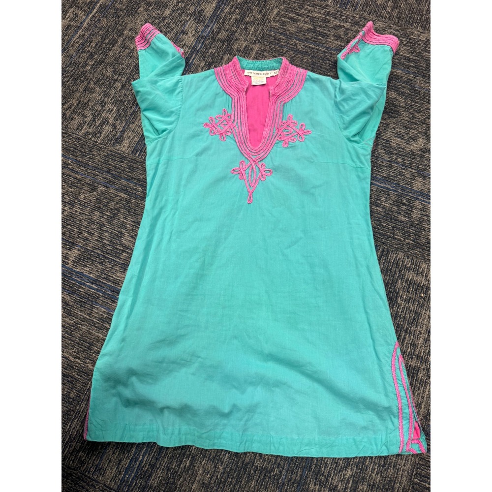 Gretchen Scott Womens Turquoise Pink Embroidered Cotton Tunic Top Size M